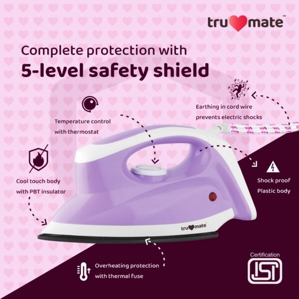 trumate trucrease dry iron 1000W with non-stick PTFE Soleplate – Purple - Image 4