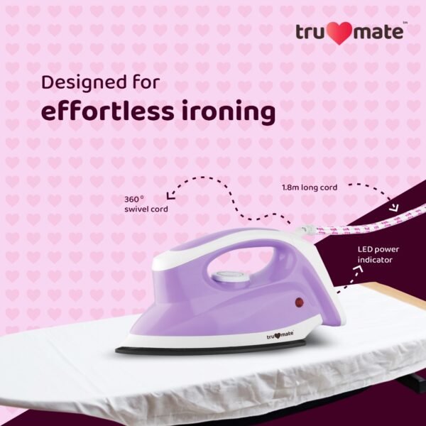 trumate trucrease dry iron 1000W with non-stick PTFE Soleplate – Purple - Image 3