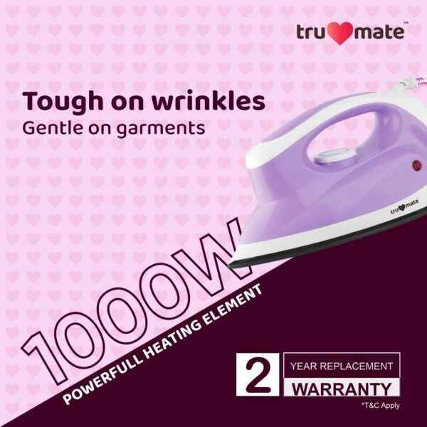 trumate trucrease dry iron 1000W with non-stick PTFE Soleplate – Purple - Image 2