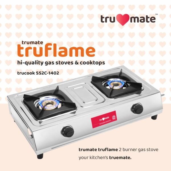TRUFLAME SS2BB/1502 – Affordable Brass Burner Gas Stove with Dip Tray - Image 2