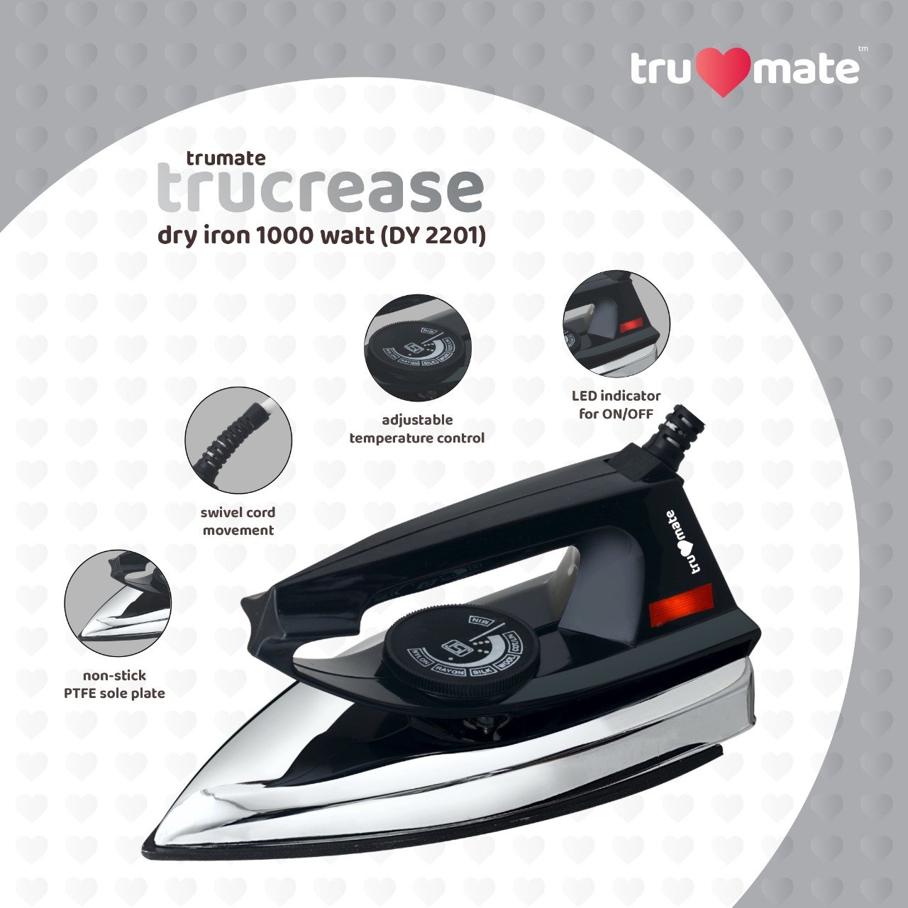 trumate trucrease DY 2201 – 1000 W Dry Iron with Non-Stick PTFE Soleplate, LED Indicator & Adjustable Temperature Control Black - Image 2