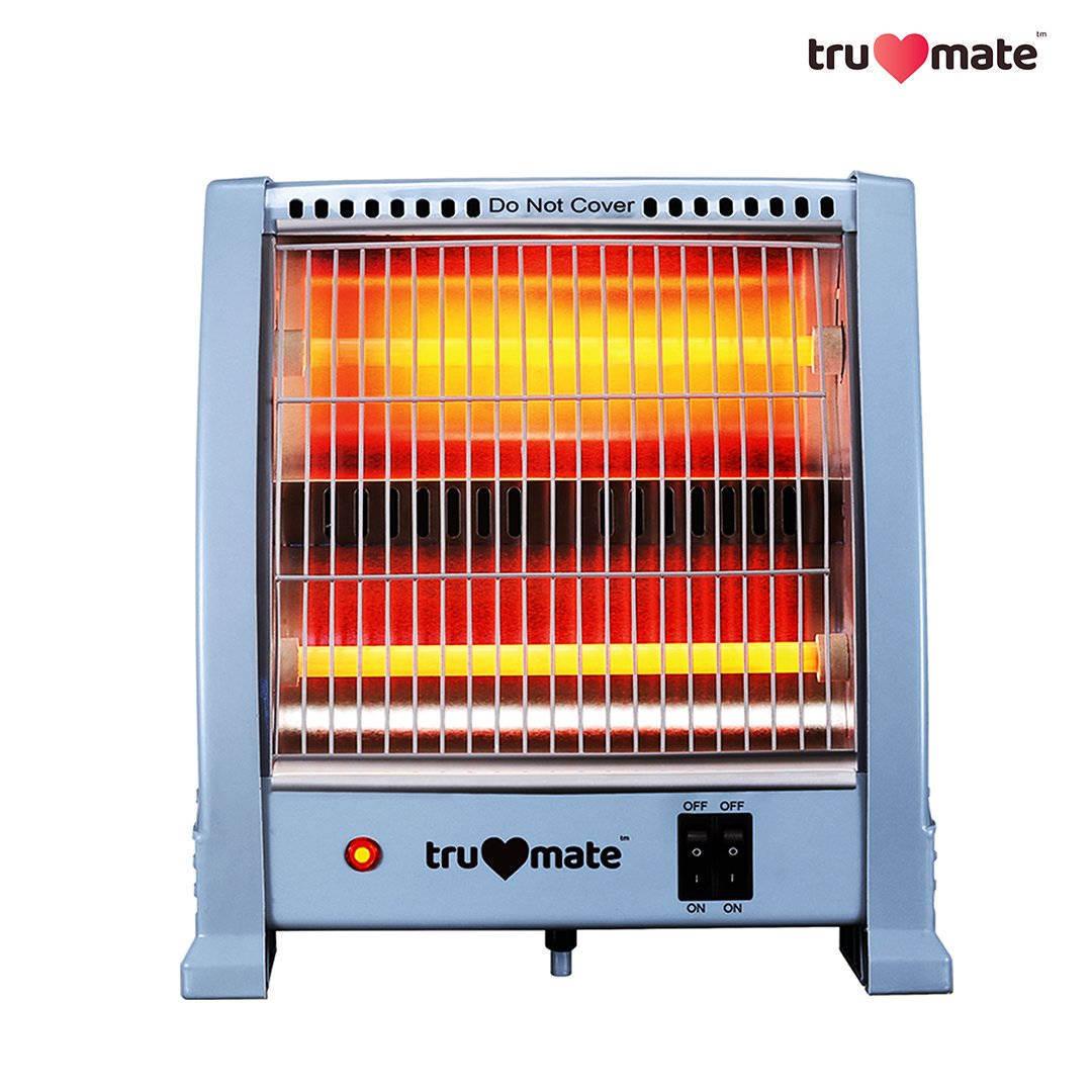 TruMate quartz heater with visible heating elements and control switch, designed for efficient heating.
