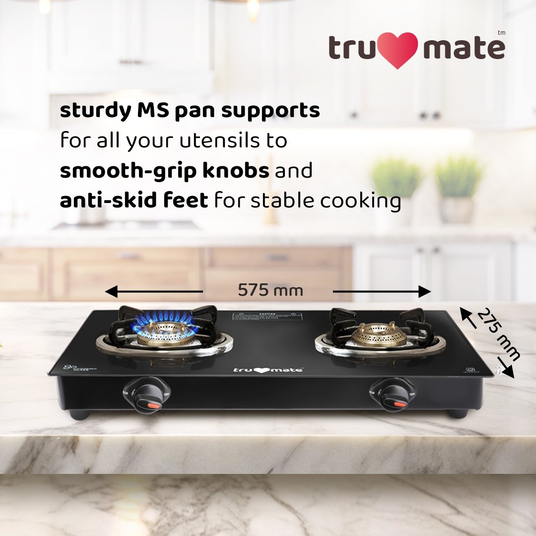 trumate truflame G2BMN 1651 – 2 Burner Black Glass Top Gas Stove with Brass Burners & Manual Ignition - Image 2