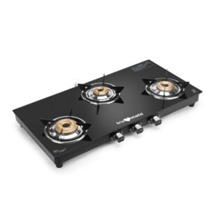 trumate truflame G3BMJ 1605 – 3 Burner Black Glass Top Gas Stove with Jumbo Brass Burner & 360° Swivel Nozzle