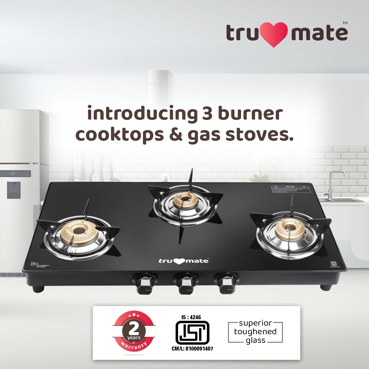 trumate truflame G3BMJ 1605 – 3 Burner Black Glass Top Gas Stove with Jumbo Brass Burner & 360° Swivel Nozzle - Image 2