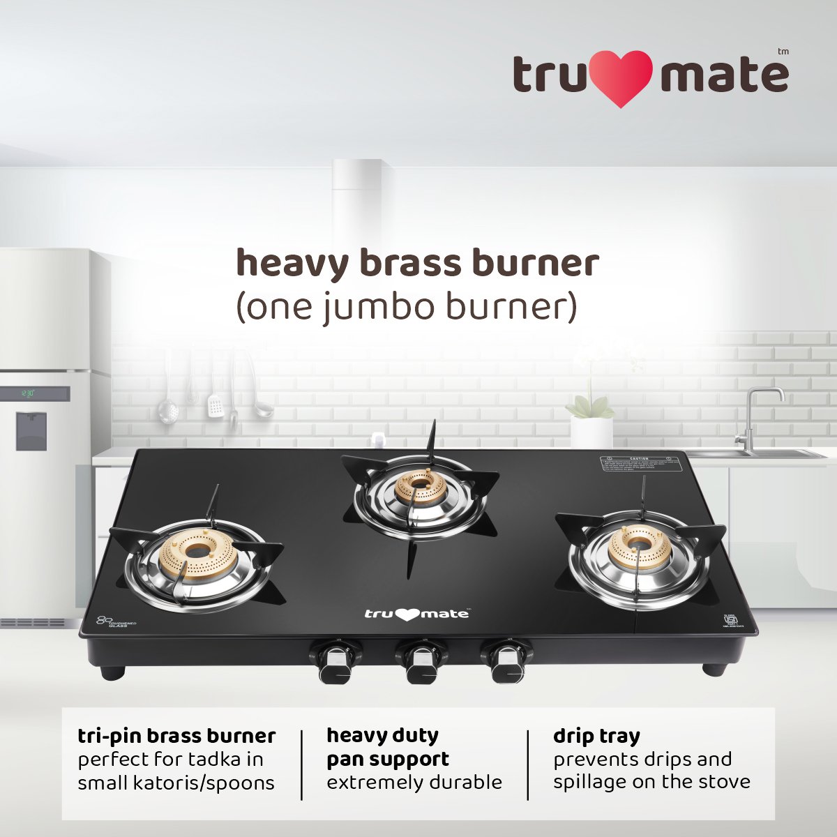 trumate truflame G3BMJ 1605 – 3 Burner Black Glass Top Gas Stove with Jumbo Brass Burner & 360° Swivel Nozzle - Image 4