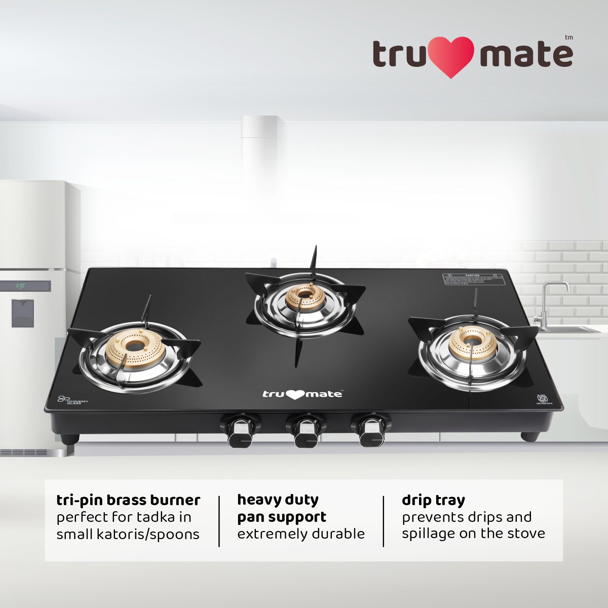 trumate truflame G3BMJ 1605 – 3 Burner Black Glass Top Gas Stove with Jumbo Brass Burner & 360° Swivel Nozzle - Image 5