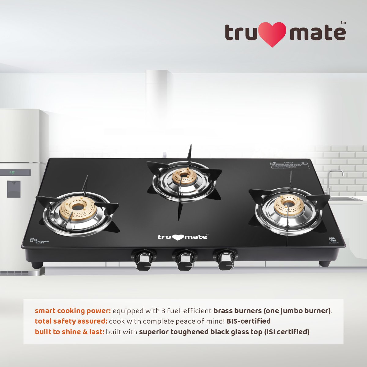 trumate truflame G3BMJ 1605 – 3 Burner Black Glass Top Gas Stove with Jumbo Brass Burner & 360° Swivel Nozzle - Image 6