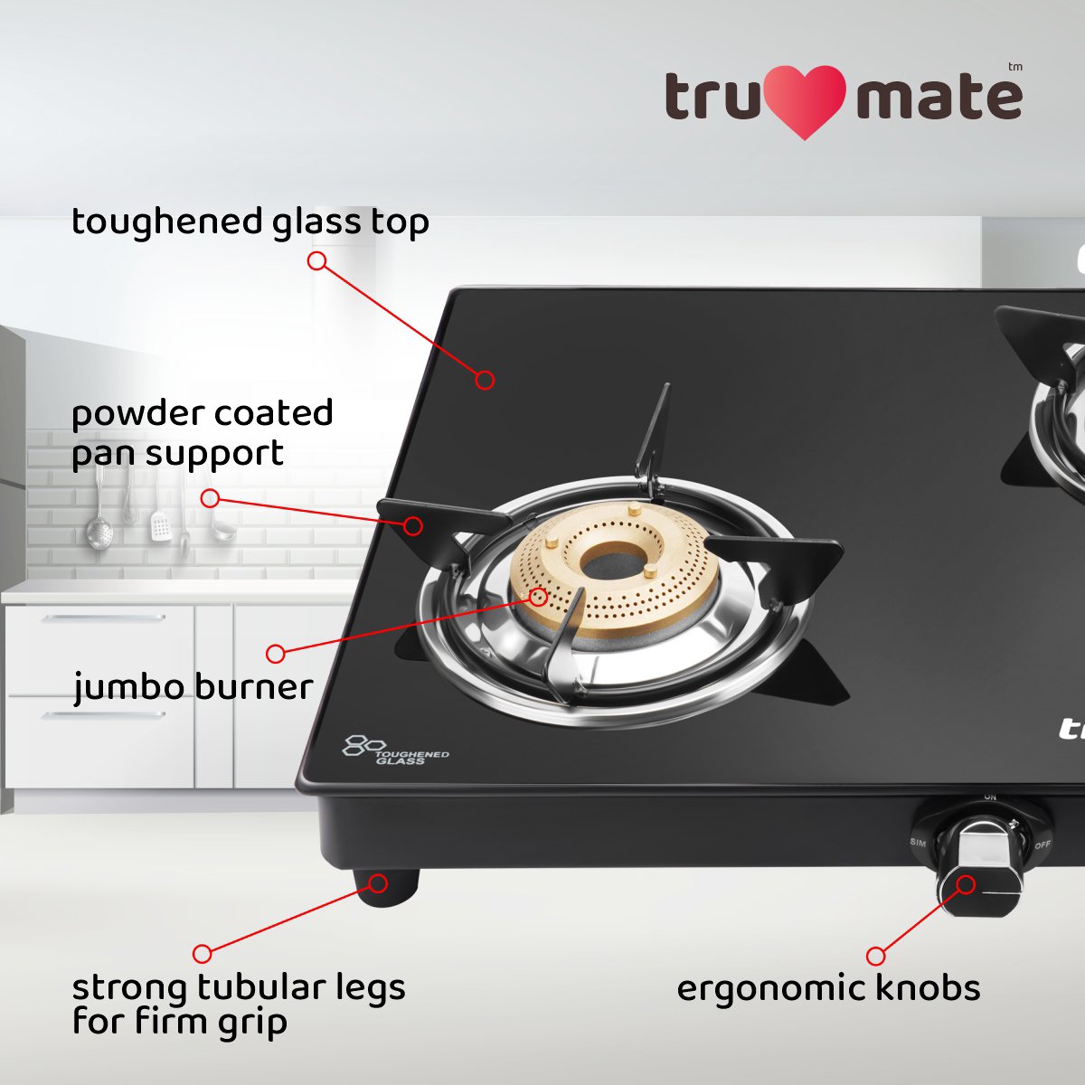 trumate truflame G3BMJ 1605 – 3 Burner Black Glass Top Gas Stove with Jumbo Brass Burner & 360° Swivel Nozzle - Image 7