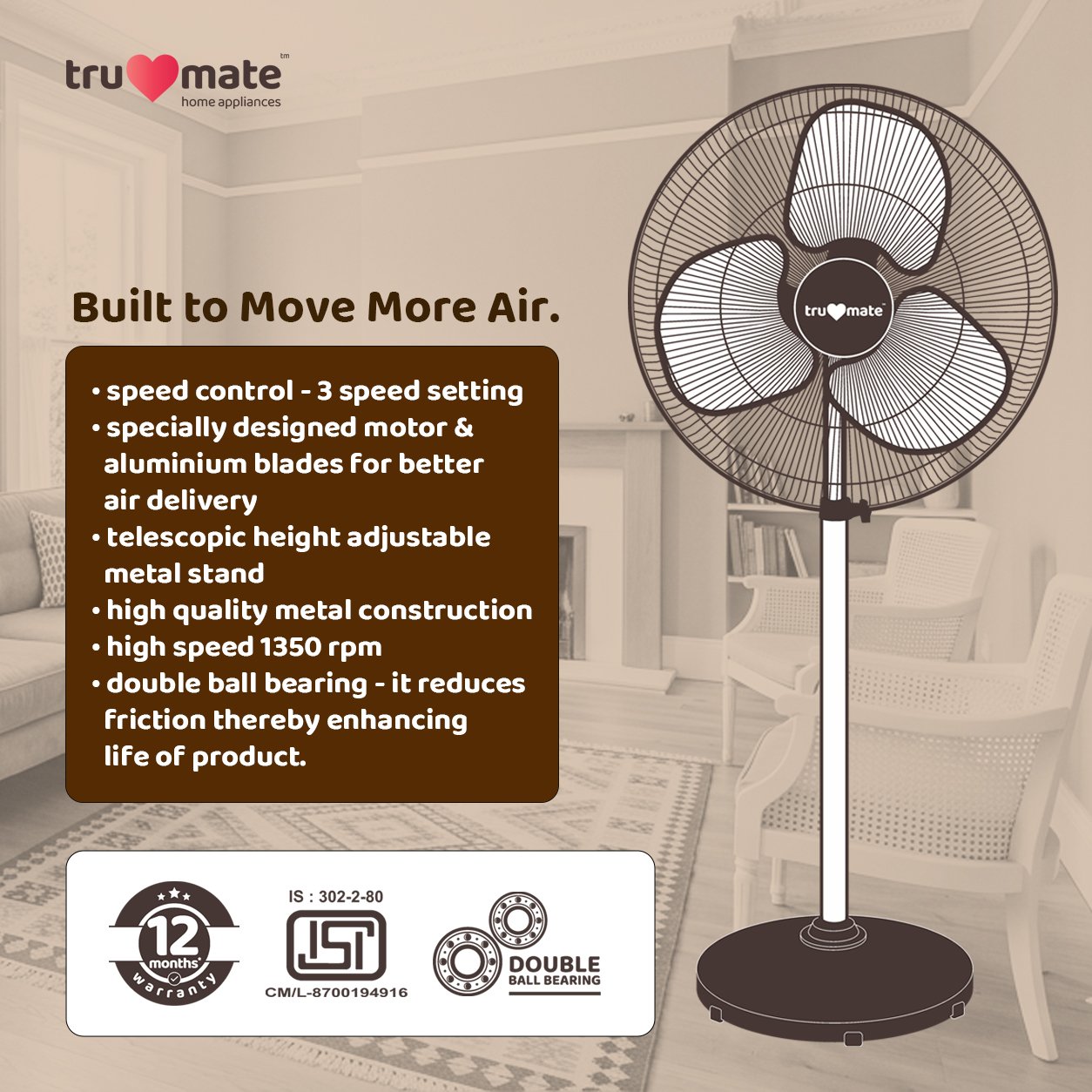 trumate trucool PDNG 6520 – 20 Inch Pedestal Fan with Heavy Duty Motor, Aluminium Blades & Double Ball Bearing - Image 7