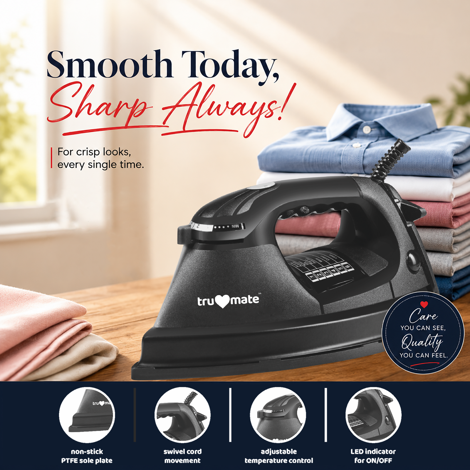 trumate trucrease DYPB 2351 – 1000W Dry Iron with Heavy Non-Stick PTFE Soleplate & Adjustable Temperature Control - Image 6