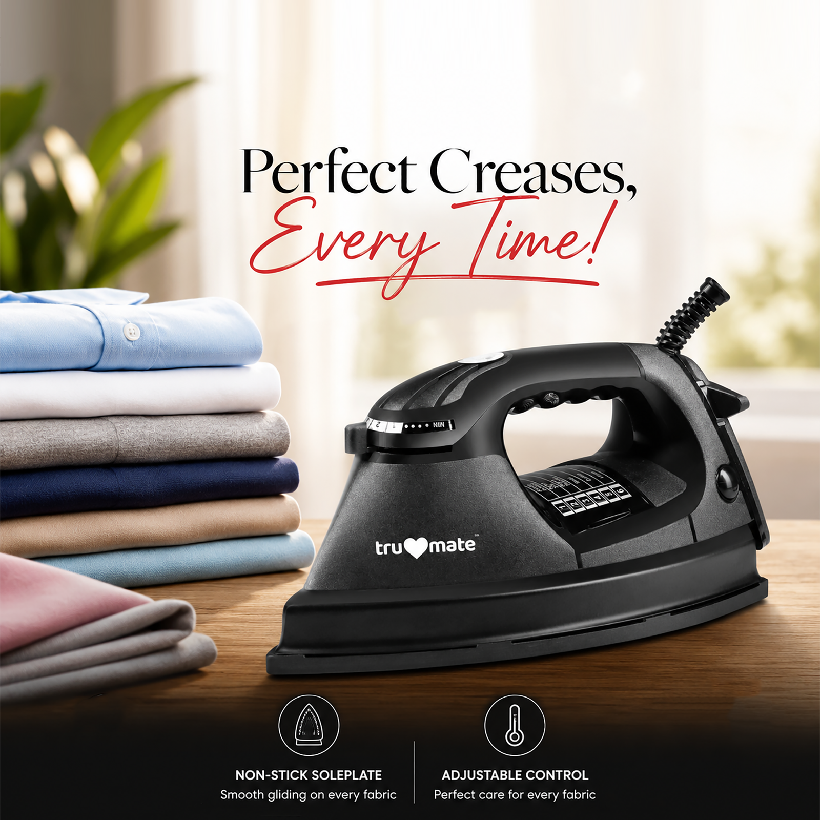 trumate trucrease DYPB 2351 – 1000W Dry Iron with Heavy Non-Stick PTFE Soleplate & Adjustable Temperature Control - Image 3