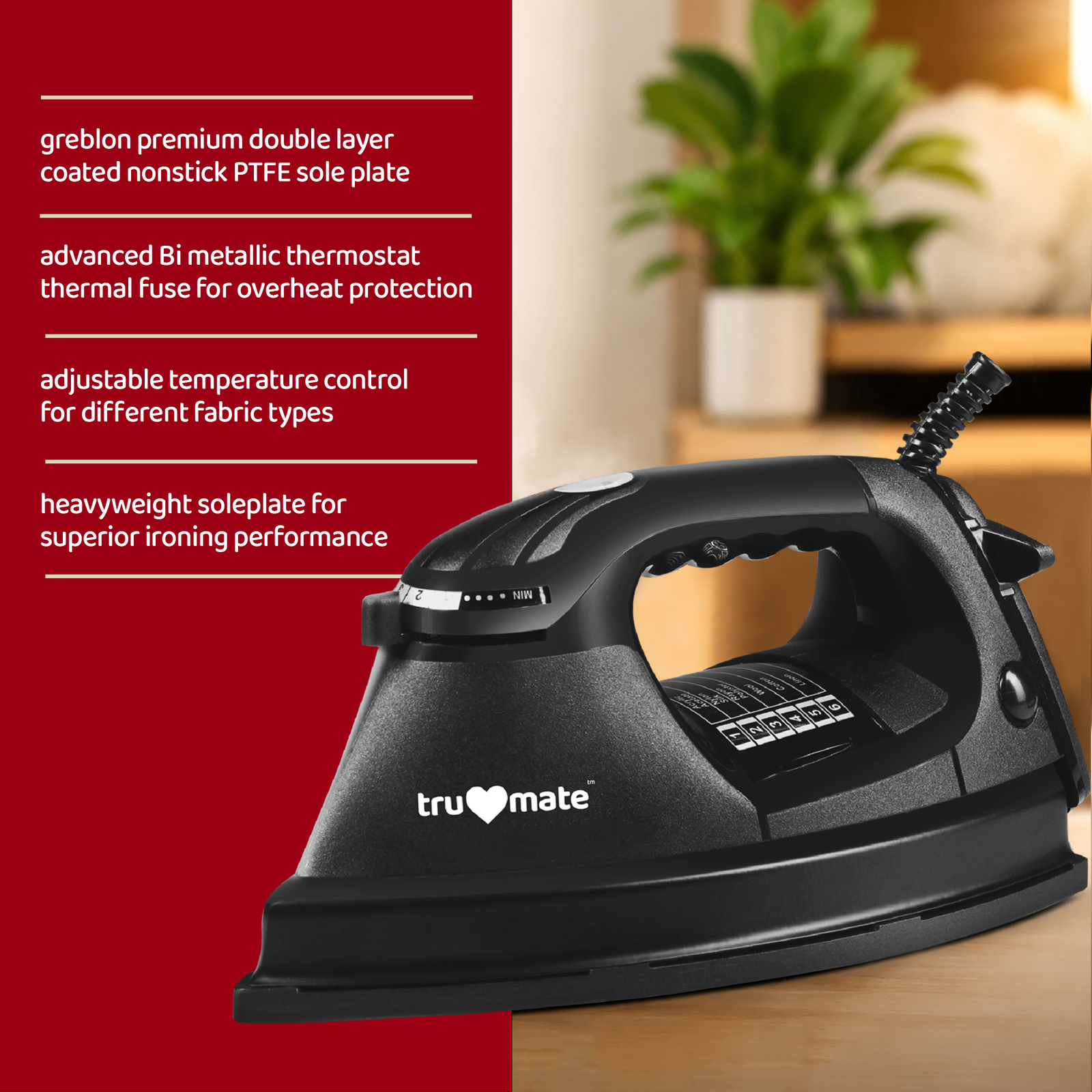 trumate trucrease DYPB 2351 – 1000W Dry Iron with Heavy Non-Stick PTFE Soleplate & Adjustable Temperature Control - Image 4