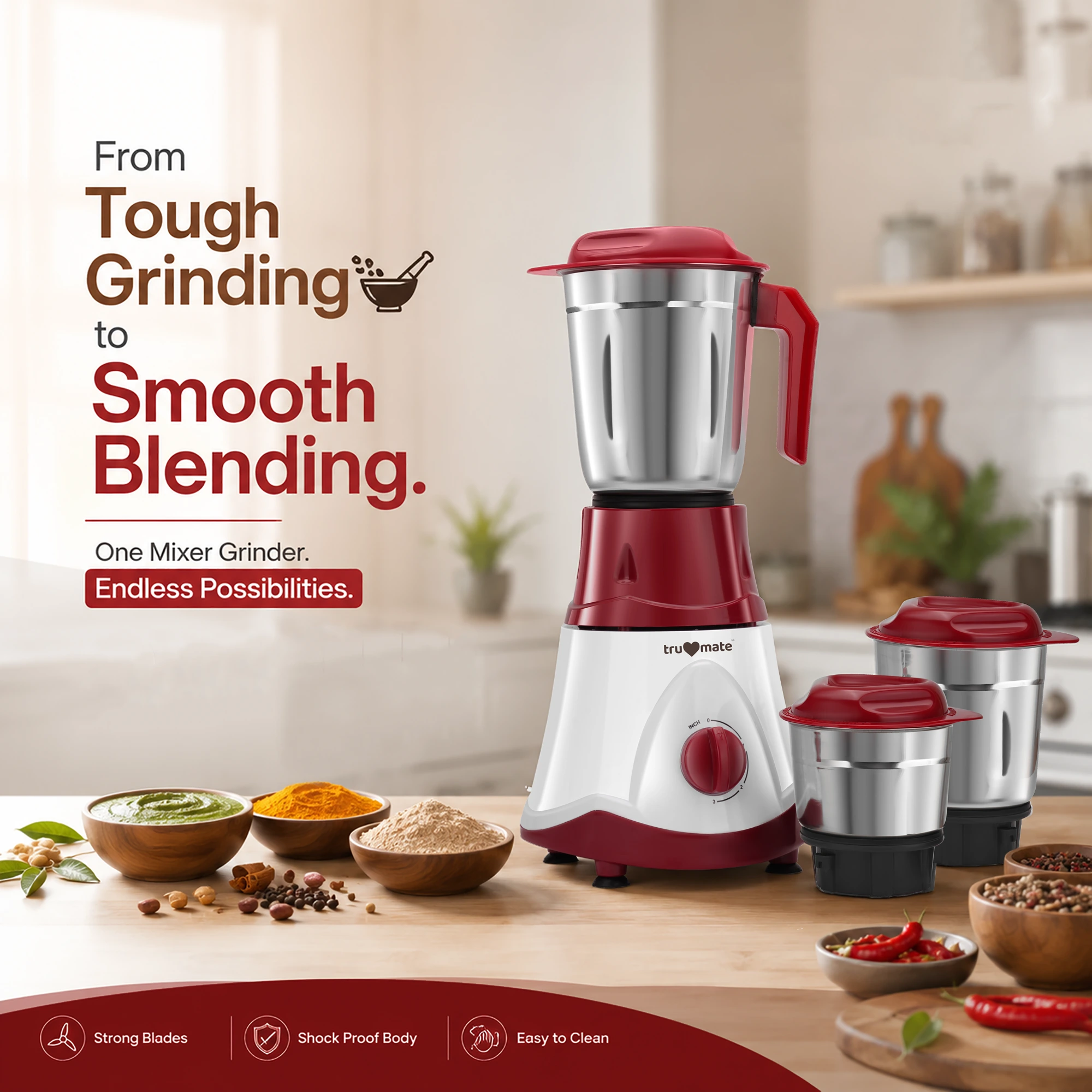 trumate truwhirl 1123 – 500W Mixer Grinder with 3 Stainless Steel Jars, 3-Speed Control & Pulse Function - Image 2