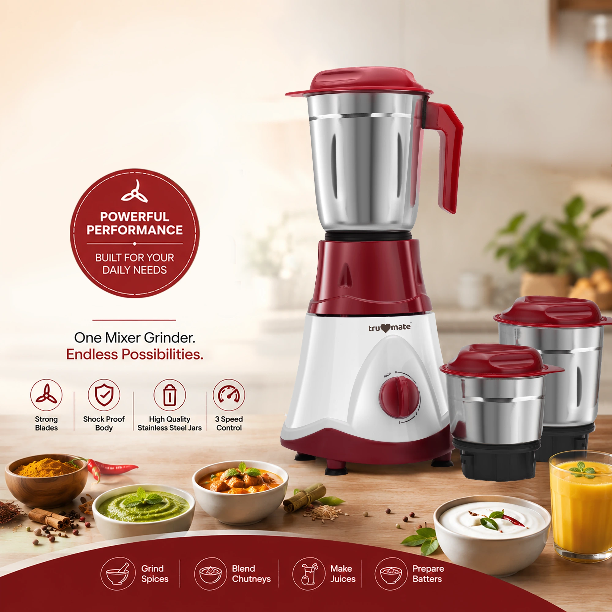 trumate truwhirl 1123 – 500W Mixer Grinder with 3 Stainless Steel Jars, 3-Speed Control & Pulse Function - Image 3