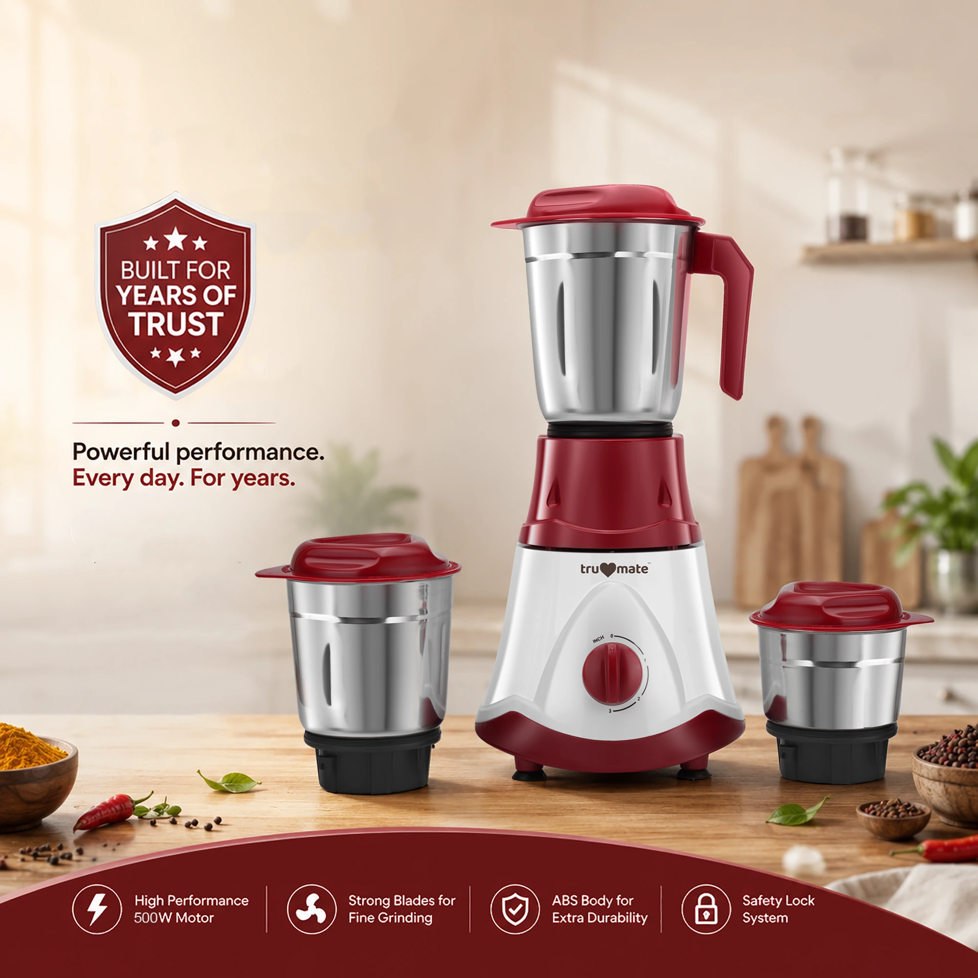 trumate truwhirl 1123 – 500W Mixer Grinder with 3 Stainless Steel Jars, 3-Speed Control & Pulse Function - Image 4