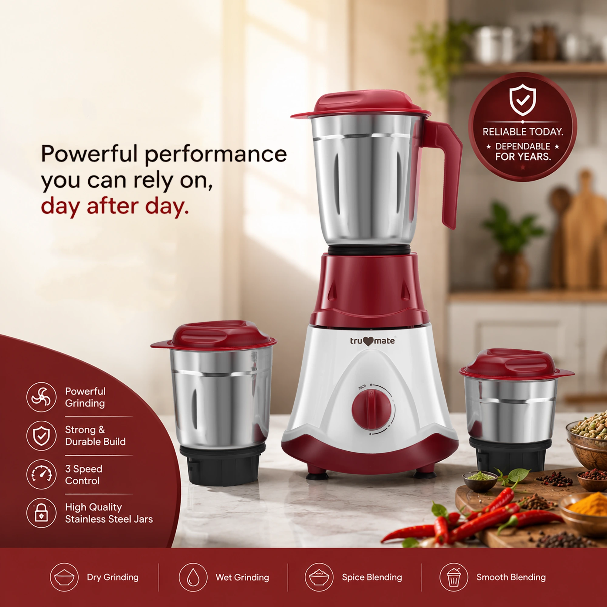 trumate truwhirl 1123 – 500W Mixer Grinder with 3 Stainless Steel Jars, 3-Speed Control & Pulse Function - Image 5