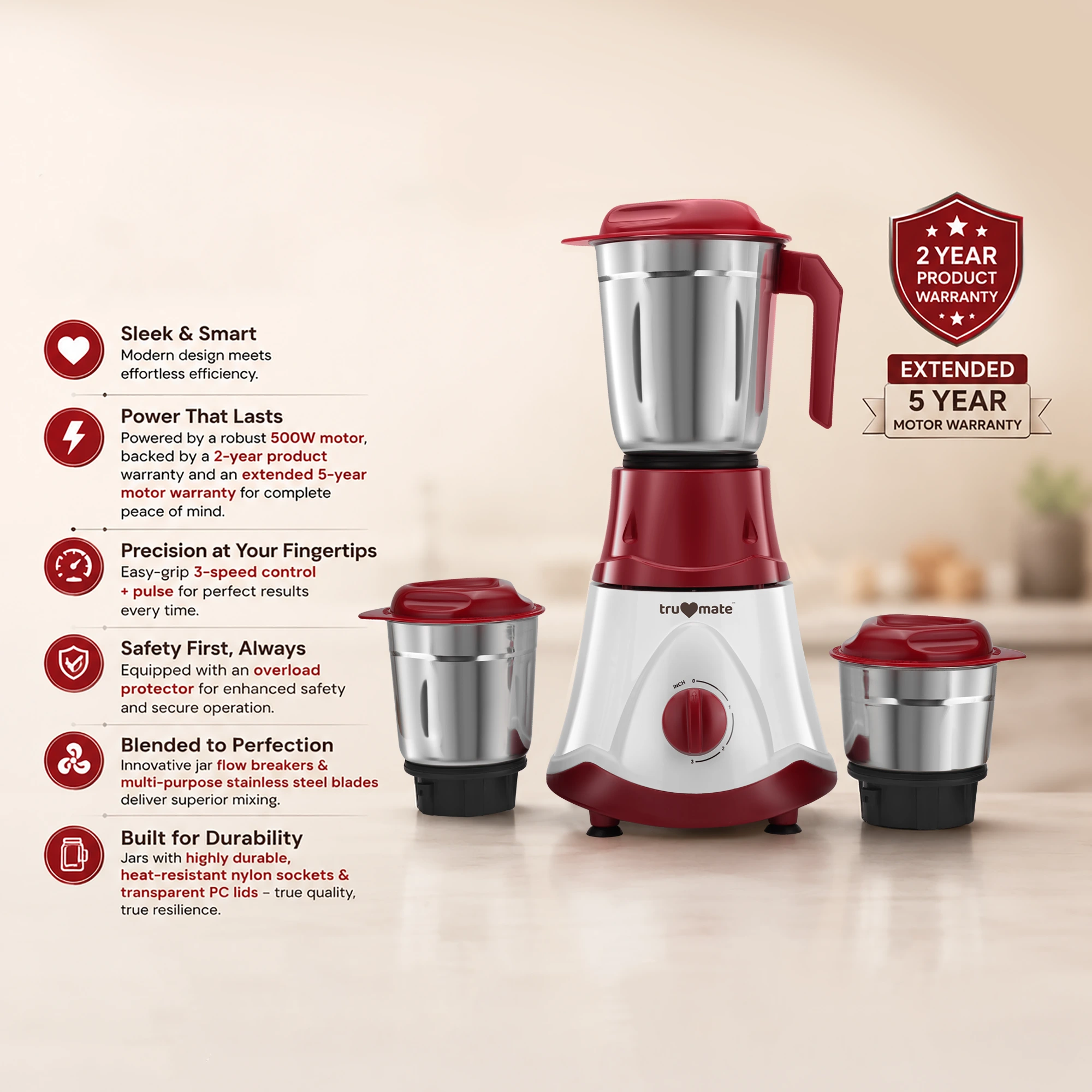 trumate truwhirl 1123 – 500W Mixer Grinder with 3 Stainless Steel Jars, 3-Speed Control & Pulse Function - Image 6