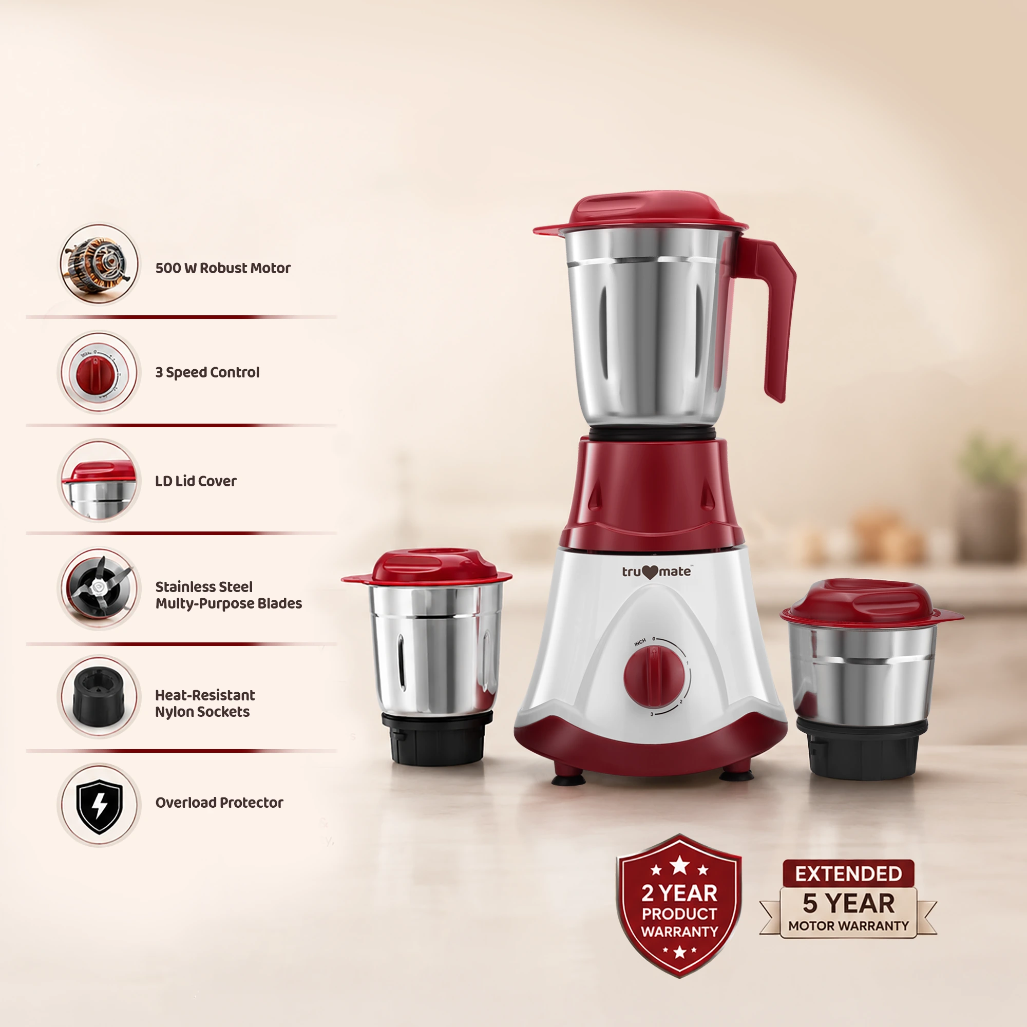 trumate truwhirl 1123 – 500W Mixer Grinder with 3 Stainless Steel Jars, 3-Speed Control & Pulse Function - Image 7